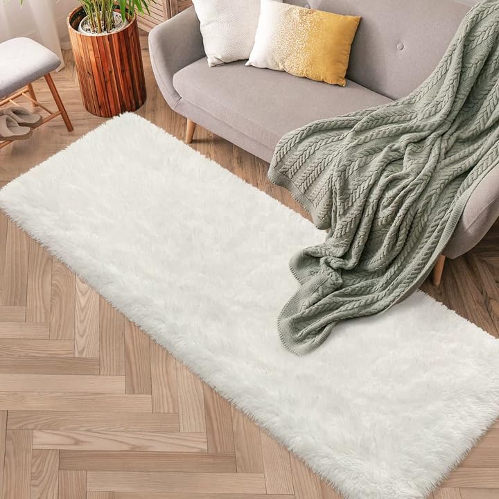 Soft Fluffy Beige Runner Rug for Bedroom, Bedside Long Rug Runner