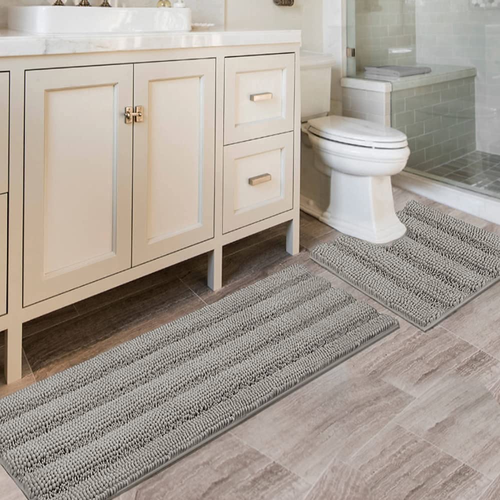 H.VERSAILTEX Bathroom Rugs Bath Rug Set 2 Piece Bathroom Contour Rug Toilet Mat Sets Non Slip Contour Bath Rug Ultra Thick Water Absorbent Striped Bath Mats Washable(47" x 17" Plus 20" x 20" U, Cream)