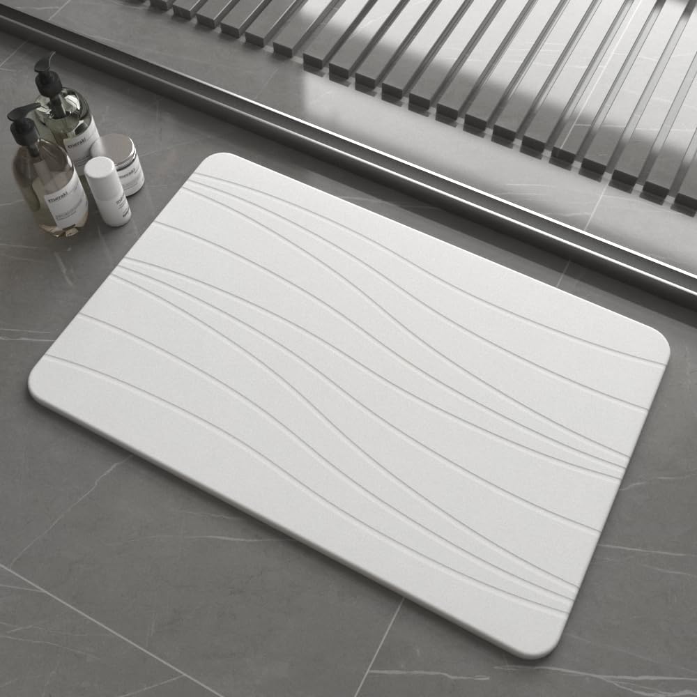 Fast Drying Stone Bath Mats for Bathroom, Non-Slip Diatomaceous Earth Bath Mat, Super Absorbent Bath Mat Stone (23.6''×15.4" White Flow)