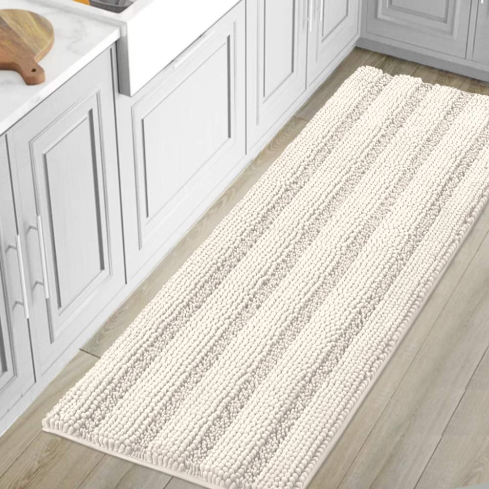 H.VERSAILTEX Bathroom Rugs Bath Rug Set 2 Piece Bathroom Contour Rug Toilet Mat Sets Non Slip Contour Bath Rug Ultra Thick Water Absorbent Striped Bath Mats Washable(47" x 17" Plus 20" x 20" U, Cream)