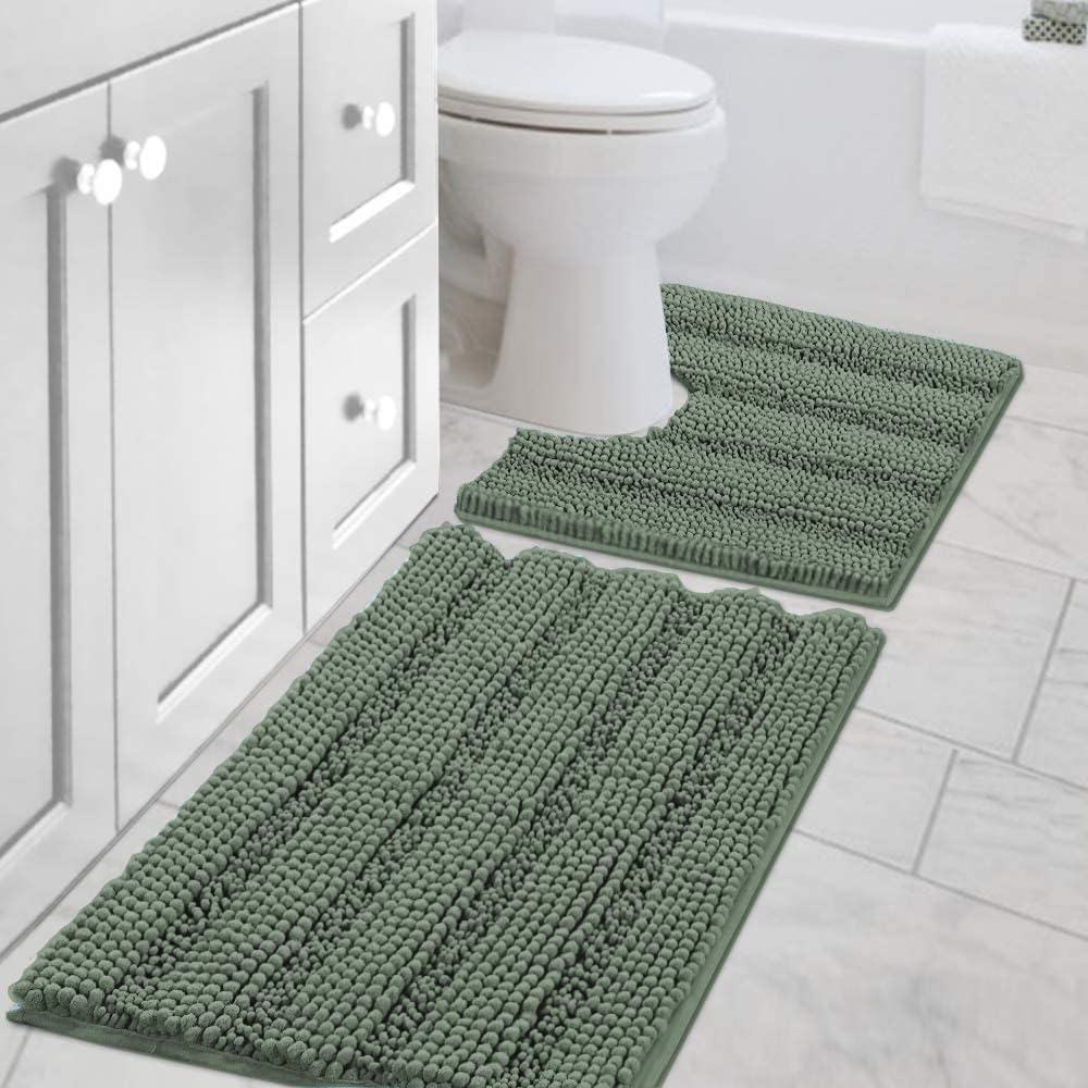 H.VERSAILTEX Bathroom Rugs Bath Rug Set 2 Piece Bathroom Contour Rug Toilet Mat Sets Non Slip Contour Bath Rug Ultra Thick Water Absorbent Striped Bath Mats Washable(47" x 17" Plus 20" x 20" U, Cream)