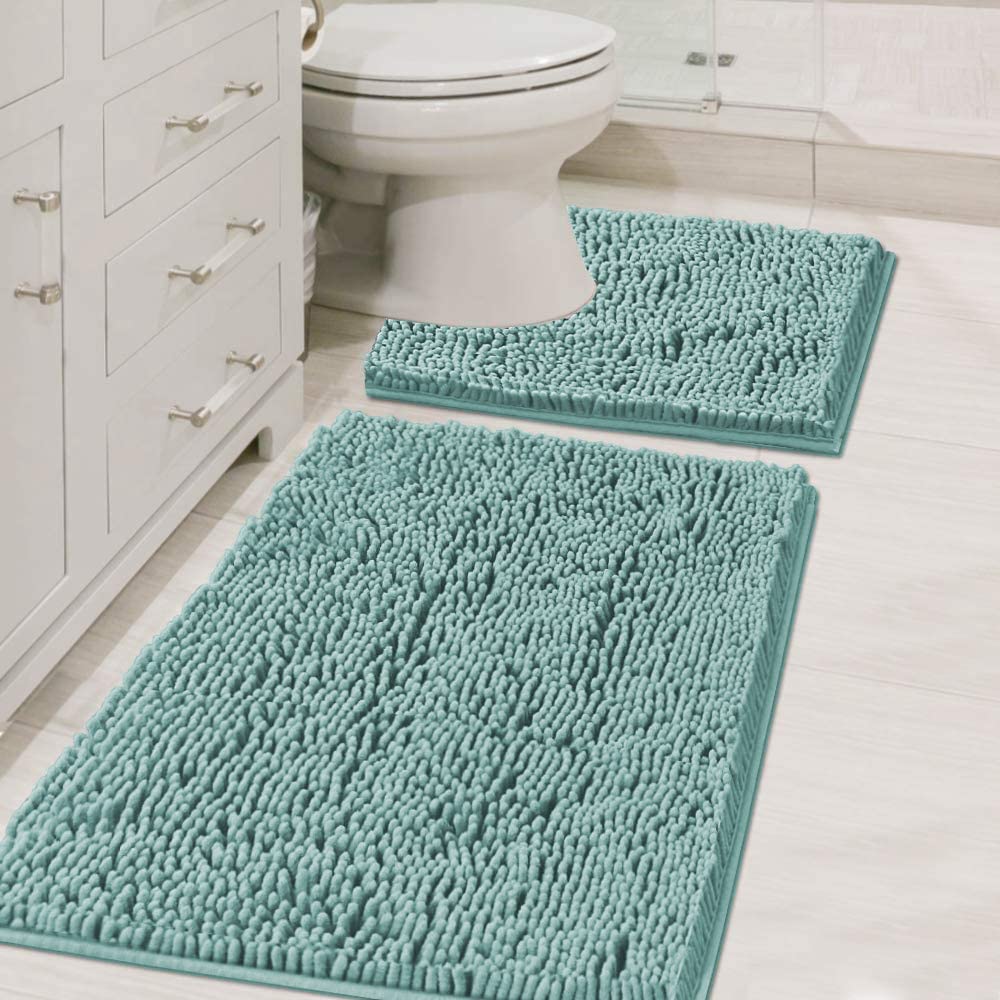 H.VERSAILTEX Bathroom Rugs Luxury Chenille Mat Set, Soft Plush Shower Rug + Toilet Mat, Microfiber Shaggy Carpet, Super Absorbent, Machine Washable (Curved Set, 32" x 20"/20" x 20", Loden)
