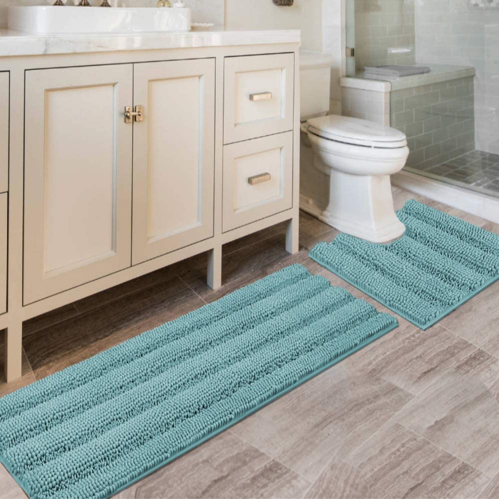 H.VERSAILTEX Bathroom Rugs Bath Rug Set 2 Piece Bathroom Contour Rug Toilet Mat Sets Non Slip Contour Bath Rug Ultra Thick Water Absorbent Striped Bath Mats Washable(47" x 17" Plus 20" x 20" U, Cream)