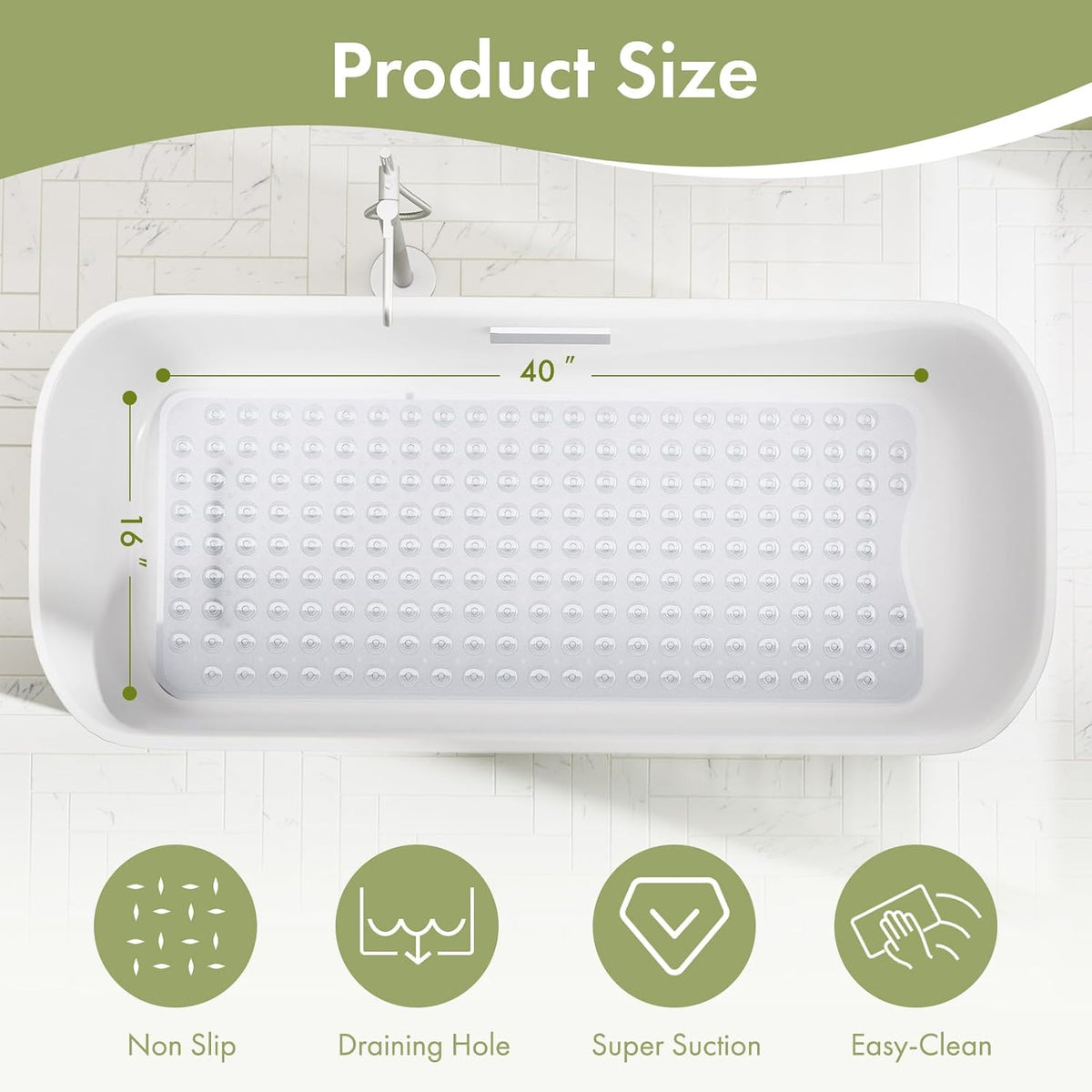 AmazerBath Shower Mat Non Slip 40 x 16 Inches, Shower Stall Mats with Suction Cups and Drain Holes, Non Slip Bath Mat for Tub for Elderly & Kids, Clear