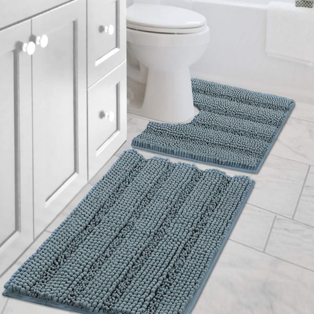 H.VERSAILTEX Bathroom Rugs Bath Rug Set 2 Piece Bathroom Contour Rug Toilet Mat Sets Non Slip Contour Bath Rug Ultra Thick Water Absorbent Striped Bath Mats Washable(47" x 17" Plus 20" x 20" U, Cream)