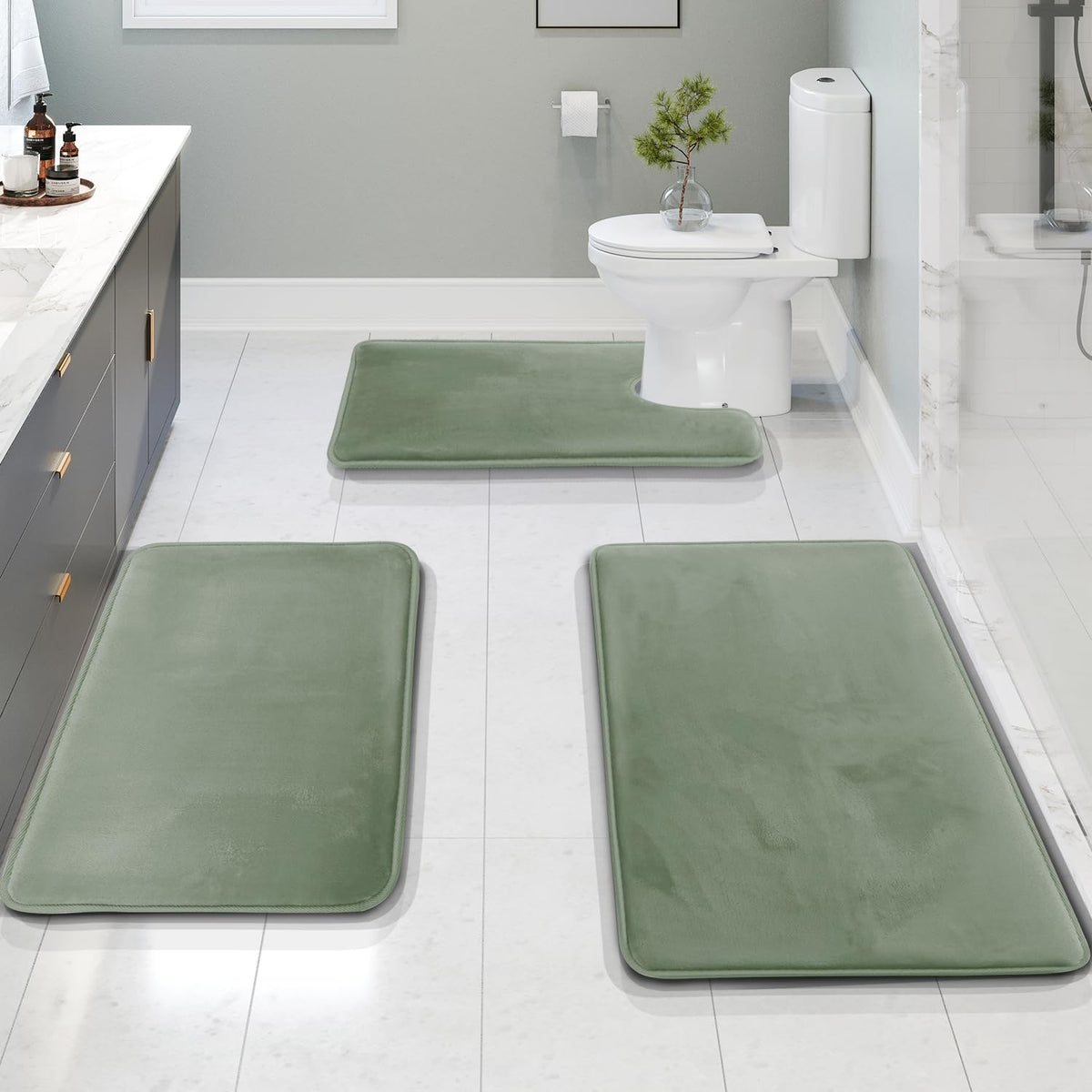 Clara Clark 3 Piece Bathroom Rugs Bath Mat Set, Velvet Memory Foam Bath Mats for Bathroom - Non-Slip, PVC Backing Bath Rugs, Washable - Dries Quickly, Grey