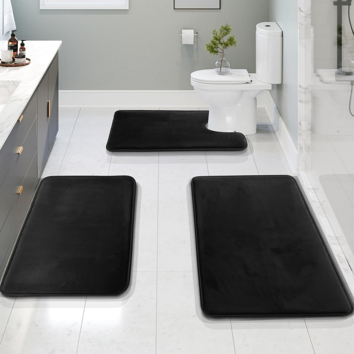 Clara Clark 3 Piece Bathroom Rugs Bath Mat Set, Velvet Memory Foam Bath Mats for Bathroom - Non-Slip, PVC Backing Bath Rugs, Washable - Dries Quickly, Grey