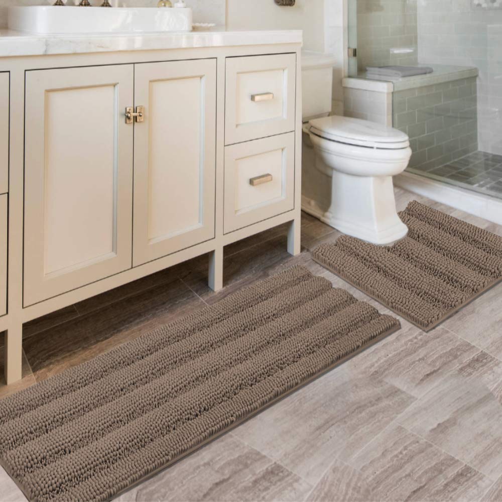 H.VERSAILTEX Bathroom Rugs Bath Rug Set 2 Piece Bathroom Contour Rug Toilet Mat Sets Non Slip Contour Bath Rug Ultra Thick Water Absorbent Striped Bath Mats Washable(47" x 17" Plus 20" x 20" U, Cream)