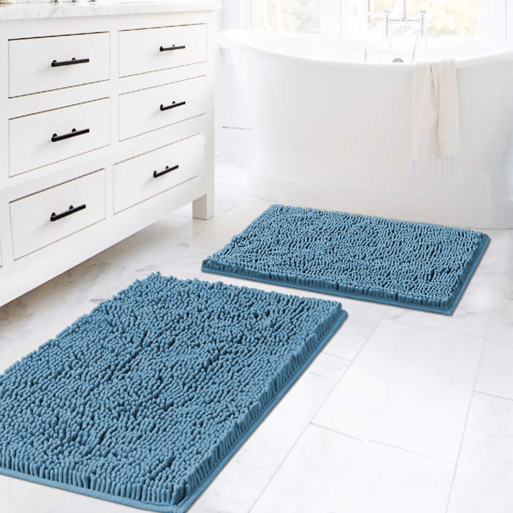 H.VERSAILTEX Bathroom Rugs Luxury Chenille Mat Set, Soft Plush Shower Rug + Toilet Mat, Microfiber Shaggy Carpet, Super Absorbent, Machine Washable (Curved Set, 32" x 20"/20" x 20", Loden)