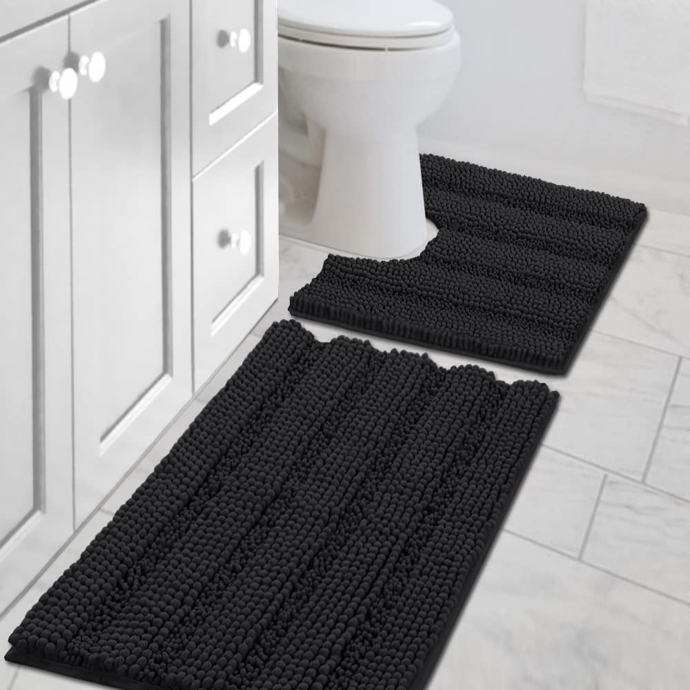H.VERSAILTEX Bathroom Rugs Bath Rug Set 2 Piece Bathroom Contour Rug Toilet Mat Sets Non Slip Contour Bath Rug Ultra Thick Water Absorbent Striped Bath Mats Washable(47" x 17" Plus 20" x 20" U, Cream)