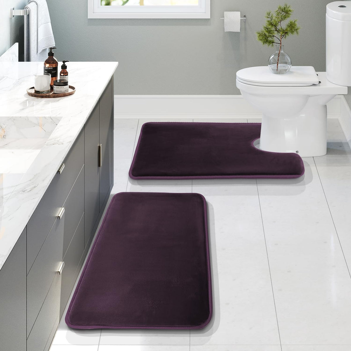 Clara Clark 3 Piece Bathroom Rugs Bath Mat Set, Velvet Memory Foam Bath Mats for Bathroom - Non-Slip, PVC Backing Bath Rugs, Washable - Dries Quickly, Grey