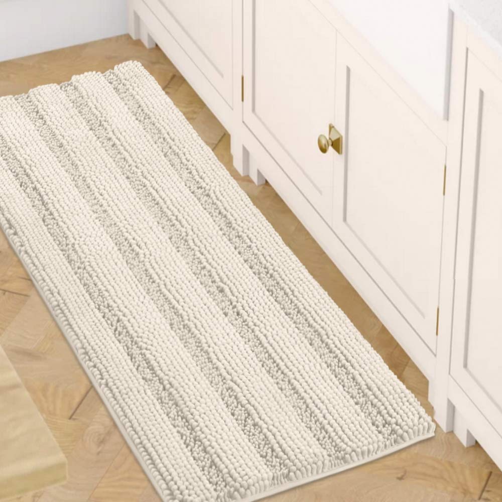 H.VERSAILTEX Bathroom Rugs Bath Rug Set 2 Piece Bathroom Contour Rug Toilet Mat Sets Non Slip Contour Bath Rug Ultra Thick Water Absorbent Striped Bath Mats Washable(47" x 17" Plus 20" x 20" U, Cream)