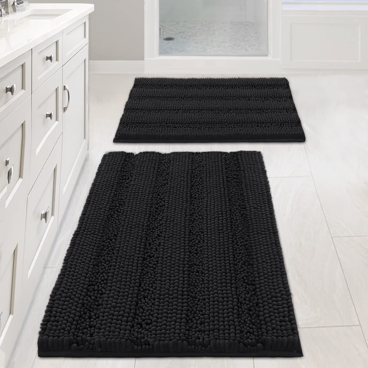 H.VERSAILTEX Bathroom Rugs Bath Rug Set 2 Piece Bathroom Contour Rug Toilet Mat Sets Non Slip Contour Bath Rug Ultra Thick Water Absorbent Striped Bath Mats Washable(47" x 17" Plus 20" x 20" U, Cream)