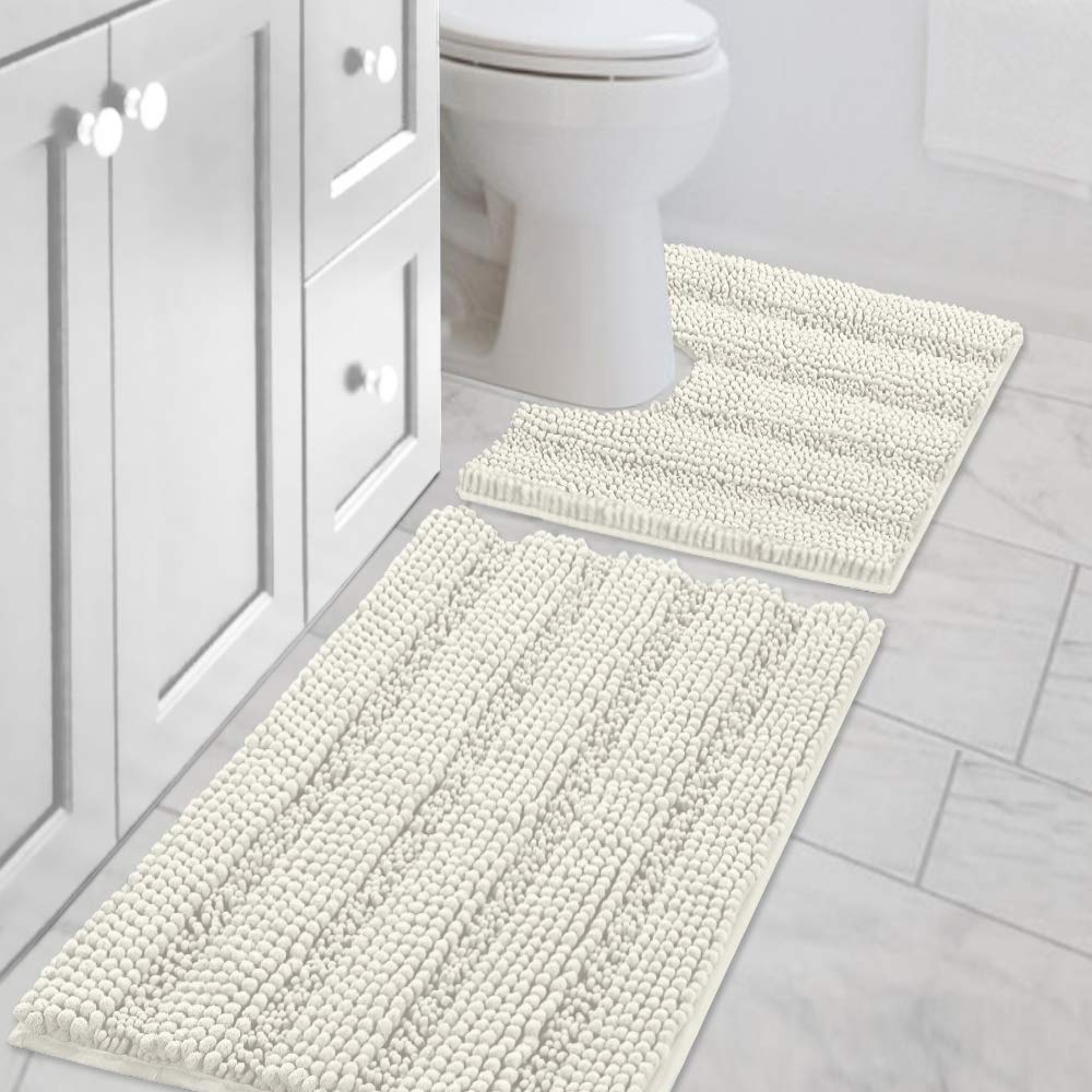 H.VERSAILTEX Bathroom Rugs Bath Rug Set 2 Piece Bathroom Contour Rug Toilet Mat Sets Non Slip Contour Bath Rug Ultra Thick Water Absorbent Striped Bath Mats Washable(47" x 17" Plus 20" x 20" U, Cream)