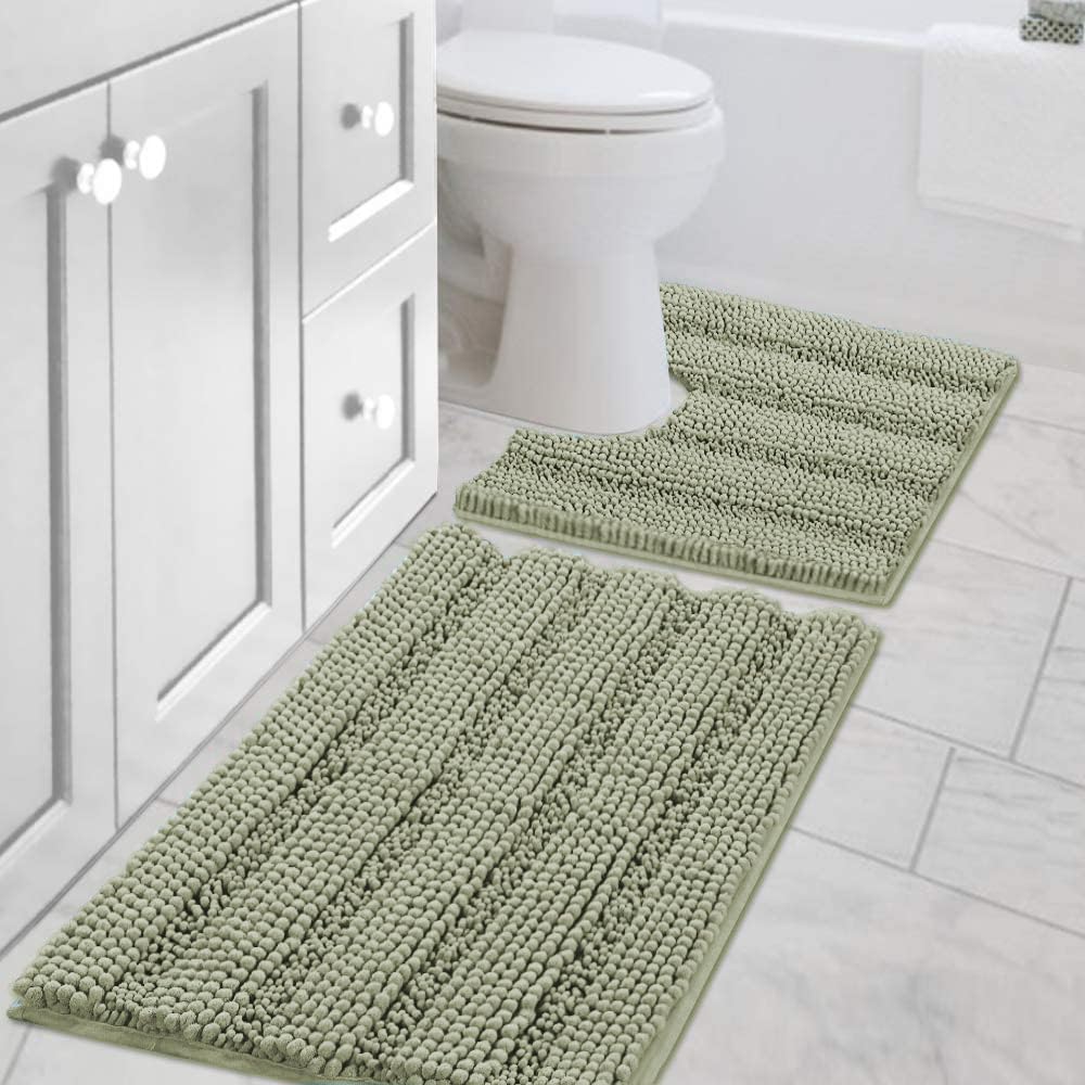 H.VERSAILTEX Bathroom Rugs Bath Rug Set 2 Piece Bathroom Contour Rug Toilet Mat Sets Non Slip Contour Bath Rug Ultra Thick Water Absorbent Striped Bath Mats Washable(47" x 17" Plus 20" x 20" U, Cream)