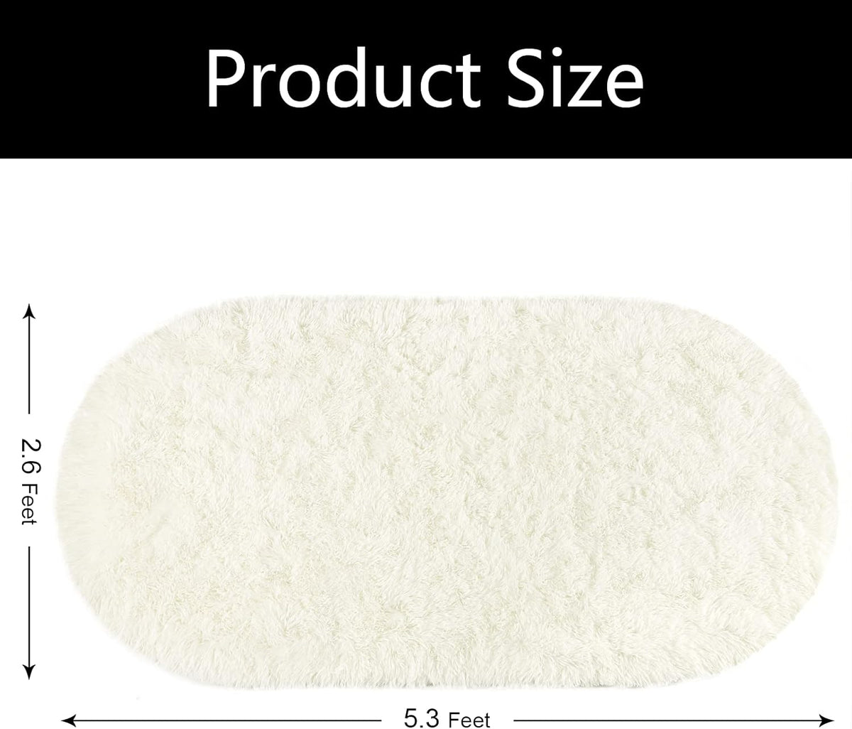 Softlife Fluffy Rugs for Bedroom, Shag Cute Area Rug for Girls/Boys and Kids Baby Room Home Decor, 2.6 x 5.3 Feet Oval Indoor Carpet for Nursery Dorm Living Room, Creamy