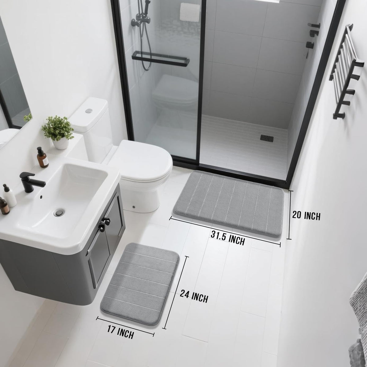 Yimobra Memory Foam Bathroom Rugs Sets 2 Piece - Super Soft Absorbent Quick Dry Bath Mat Set, Machine Washable Non Slip Floor Carpet for Tub Shower & Single Sink (17x24 & 31.5x20 Inch, Gray)