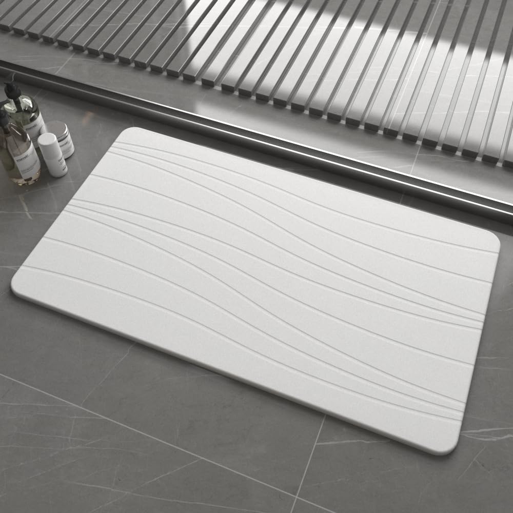 Fast Drying Stone Bath Mats for Bathroom, Non-Slip Diatomaceous Earth Bath Mat, Super Absorbent Bath Mat Stone (23.6''×15.4" White Flow)