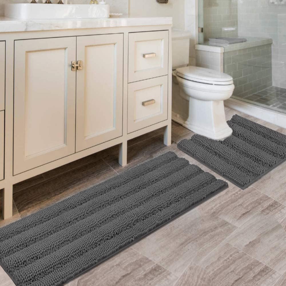 H.VERSAILTEX Bathroom Rugs Bath Rug Set 2 Piece Bathroom Contour Rug Toilet Mat Sets Non Slip Contour Bath Rug Ultra Thick Water Absorbent Striped Bath Mats Washable(47" x 17" Plus 20" x 20" U, Cream)
