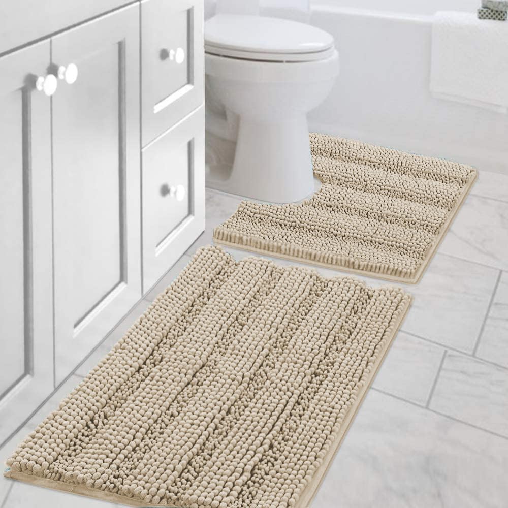 H.VERSAILTEX Bathroom Rugs Bath Rug Set 2 Piece Bathroom Contour Rug Toilet Mat Sets Non Slip Contour Bath Rug Ultra Thick Water Absorbent Striped Bath Mats Washable(47" x 17" Plus 20" x 20" U, Cream)