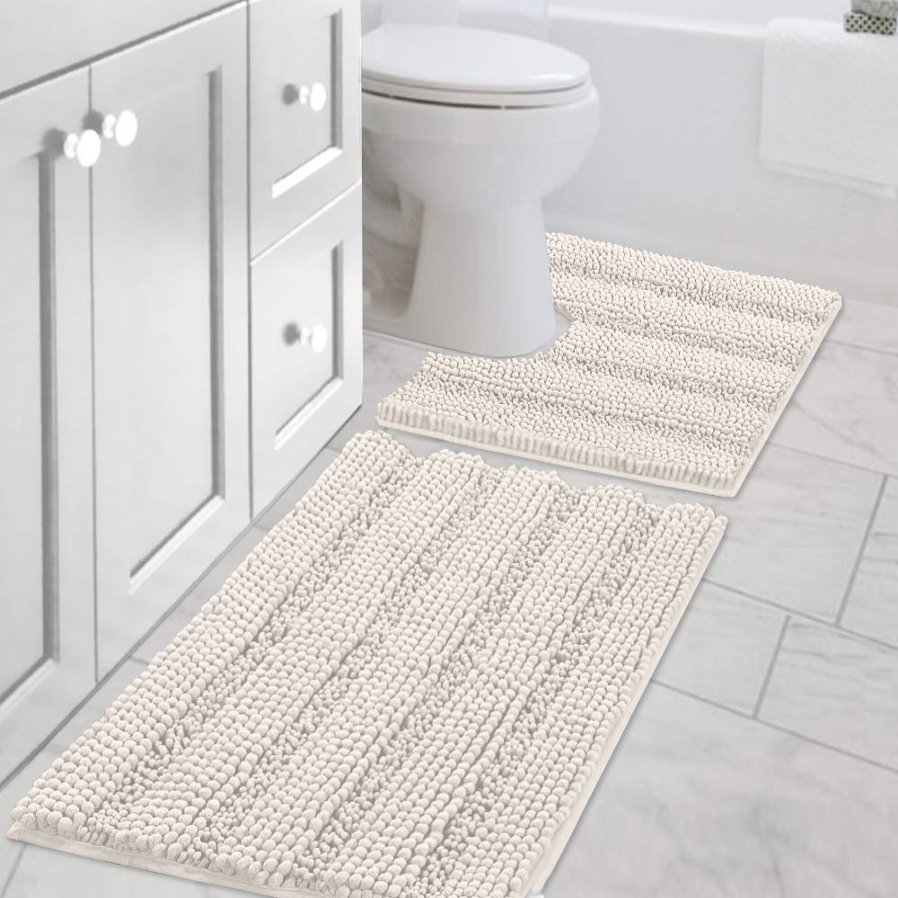H.VERSAILTEX Bathroom Rugs Bath Rug Set 2 Piece Bathroom Contour Rug Toilet Mat Sets Non Slip Contour Bath Rug Ultra Thick Water Absorbent Striped Bath Mats Washable(47" x 17" Plus 20" x 20" U, Cream)