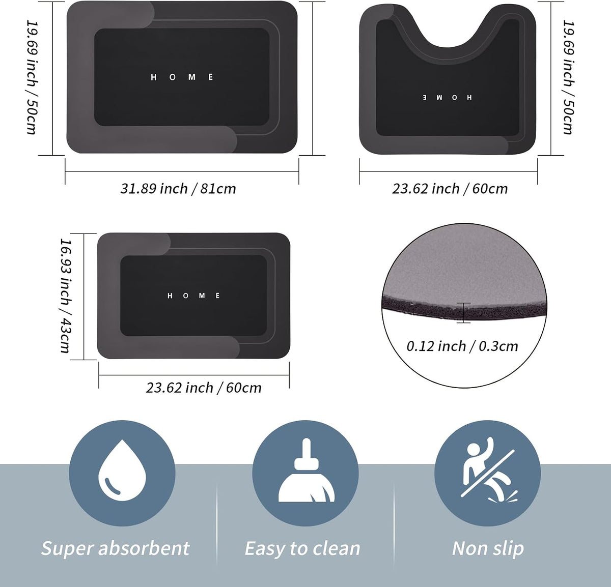 Housego Absorbent Bath Mat, Quick Dry Bath Rug, Non-Slip, 3PCS, Black
