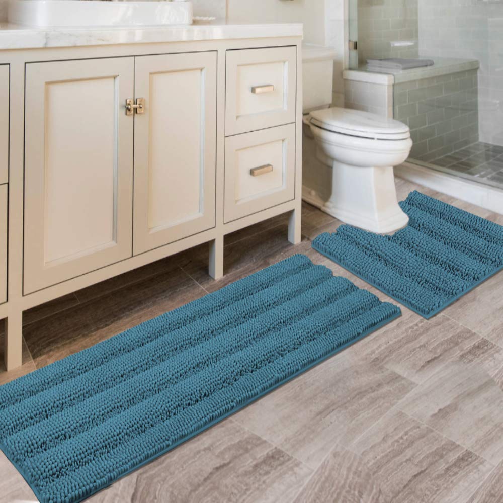 H.VERSAILTEX Bathroom Rugs Bath Rug Set 2 Piece Bathroom Contour Rug Toilet Mat Sets Non Slip Contour Bath Rug Ultra Thick Water Absorbent Striped Bath Mats Washable(47" x 17" Plus 20" x 20" U, Cream)