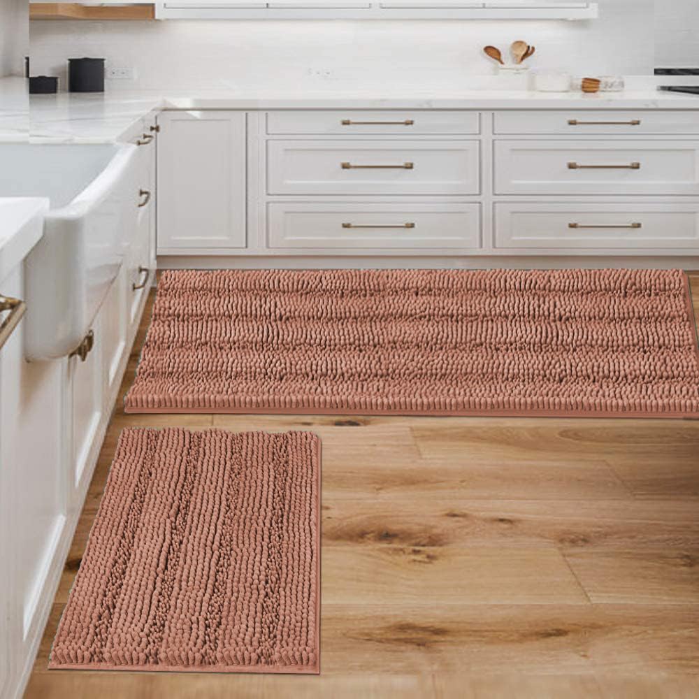 H.VERSAILTEX Bathroom Rugs Bath Rug Set 2 Piece Bathroom Contour Rug Toilet Mat Sets Non Slip Contour Bath Rug Ultra Thick Water Absorbent Striped Bath Mats Washable(47" x 17" Plus 20" x 20" U, Cream)