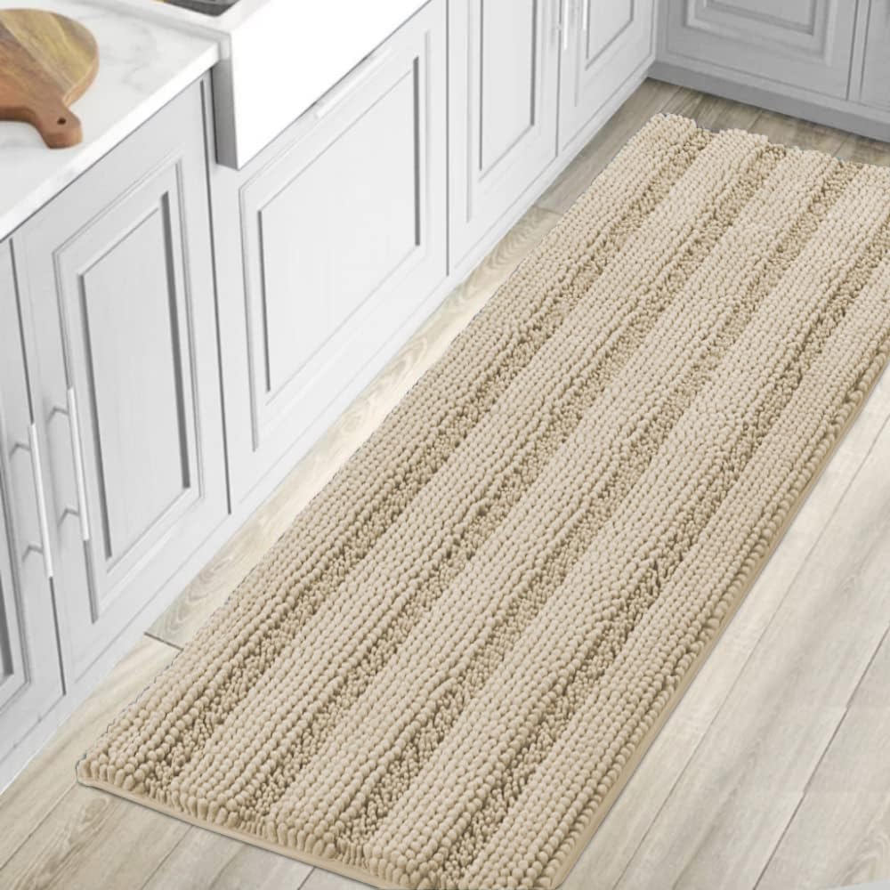 H.VERSAILTEX Bathroom Rugs Bath Rug Set 2 Piece Bathroom Contour Rug Toilet Mat Sets Non Slip Contour Bath Rug Ultra Thick Water Absorbent Striped Bath Mats Washable(47" x 17" Plus 20" x 20" U, Cream)