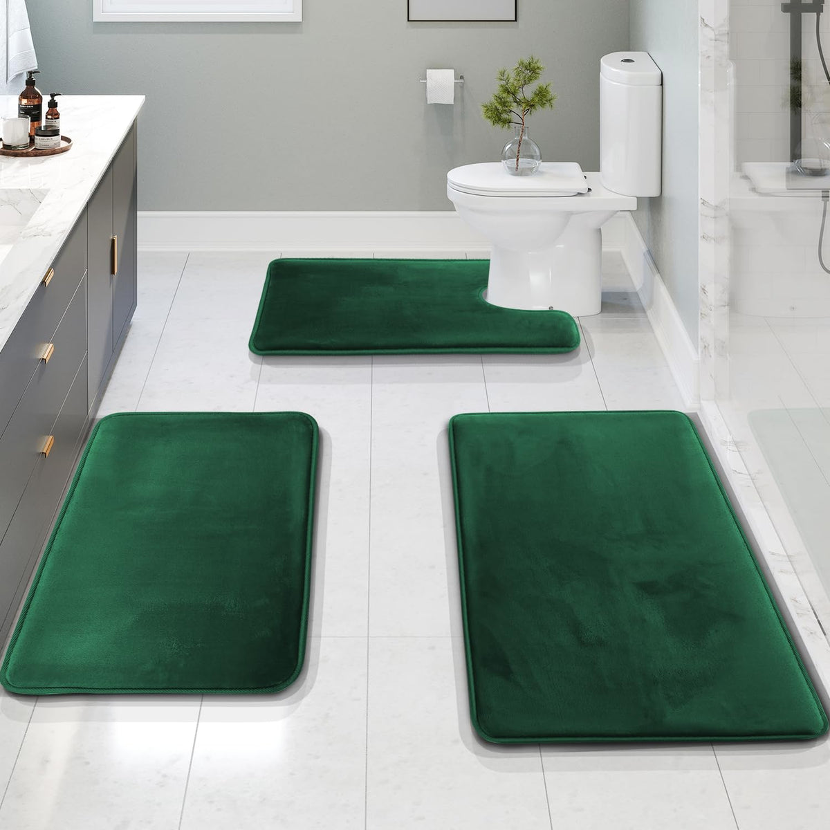 Clara Clark 3 Piece Bathroom Rugs Bath Mat Set, Velvet Memory Foam Bath Mats for Bathroom - Non-Slip, PVC Backing Bath Rugs, Washable - Dries Quickly, Grey