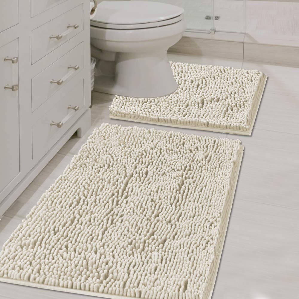 H.VERSAILTEX Bathroom Rugs Luxury Chenille Mat Set, Soft Plush Shower Rug + Toilet Mat, Microfiber Shaggy Carpet, Super Absorbent, Machine Washable (Curved Set, 32" x 20"/20" x 20", Loden)