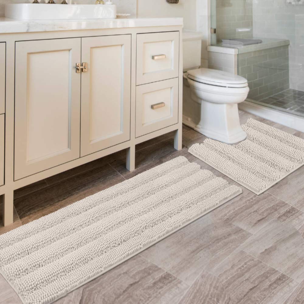 H.VERSAILTEX Bathroom Rugs Bath Rug Set 2 Piece Bathroom Contour Rug Toilet Mat Sets Non Slip Contour Bath Rug Ultra Thick Water Absorbent Striped Bath Mats Washable(47" x 17" Plus 20" x 20" U, Cream)
