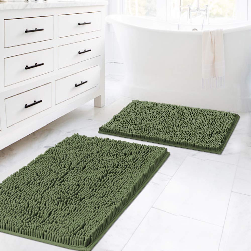 H.VERSAILTEX Bathroom Rugs Luxury Chenille Mat Set, Soft Plush Shower Rug + Toilet Mat, Microfiber Shaggy Carpet, Super Absorbent, Machine Washable (Curved Set, 32" x 20"/20" x 20", Loden)