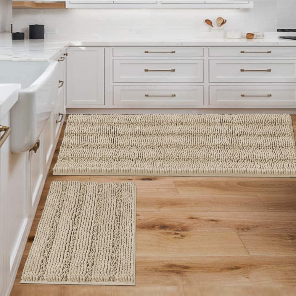 H.VERSAILTEX Bathroom Rugs Bath Rug Set 2 Piece Bathroom Contour Rug Toilet Mat Sets Non Slip Contour Bath Rug Ultra Thick Water Absorbent Striped Bath Mats Washable(47" x 17" Plus 20" x 20" U, Cream)