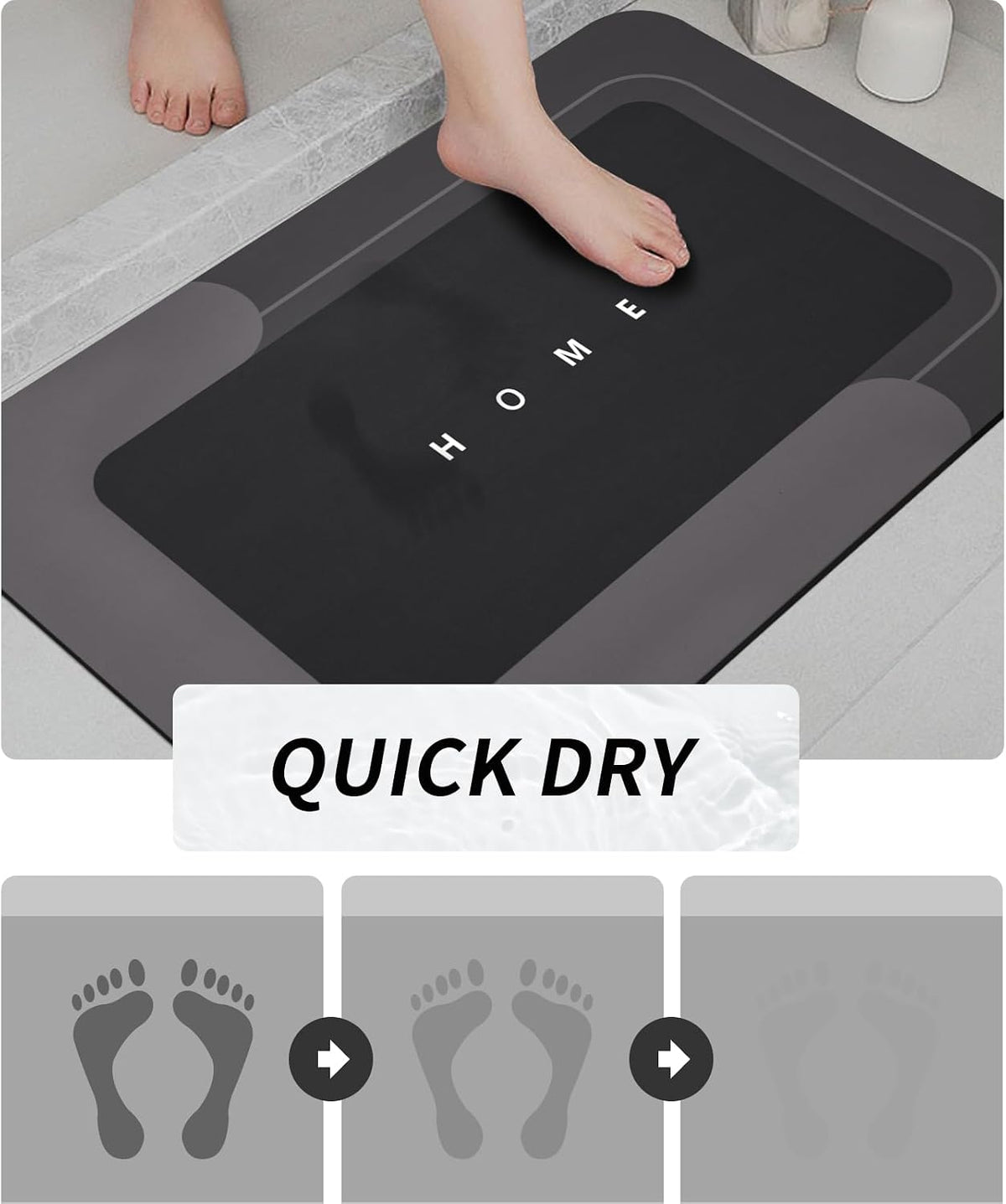 Housego Absorbent Bath Mat, Quick Dry Bath Rug, Non-Slip, 3PCS, Black