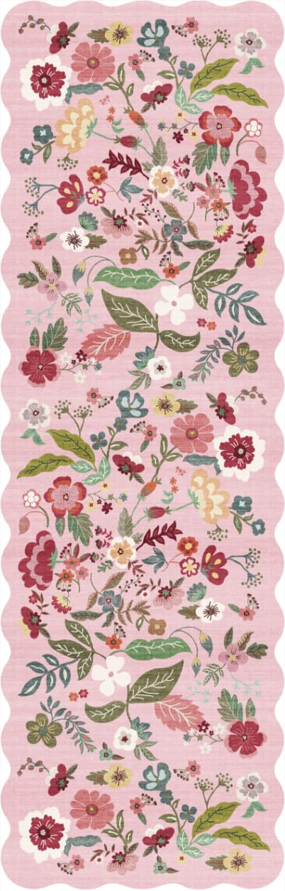 2x4 Rug Washable for Entryway - Non-Slip Scalloped Floral Throw Rug Black