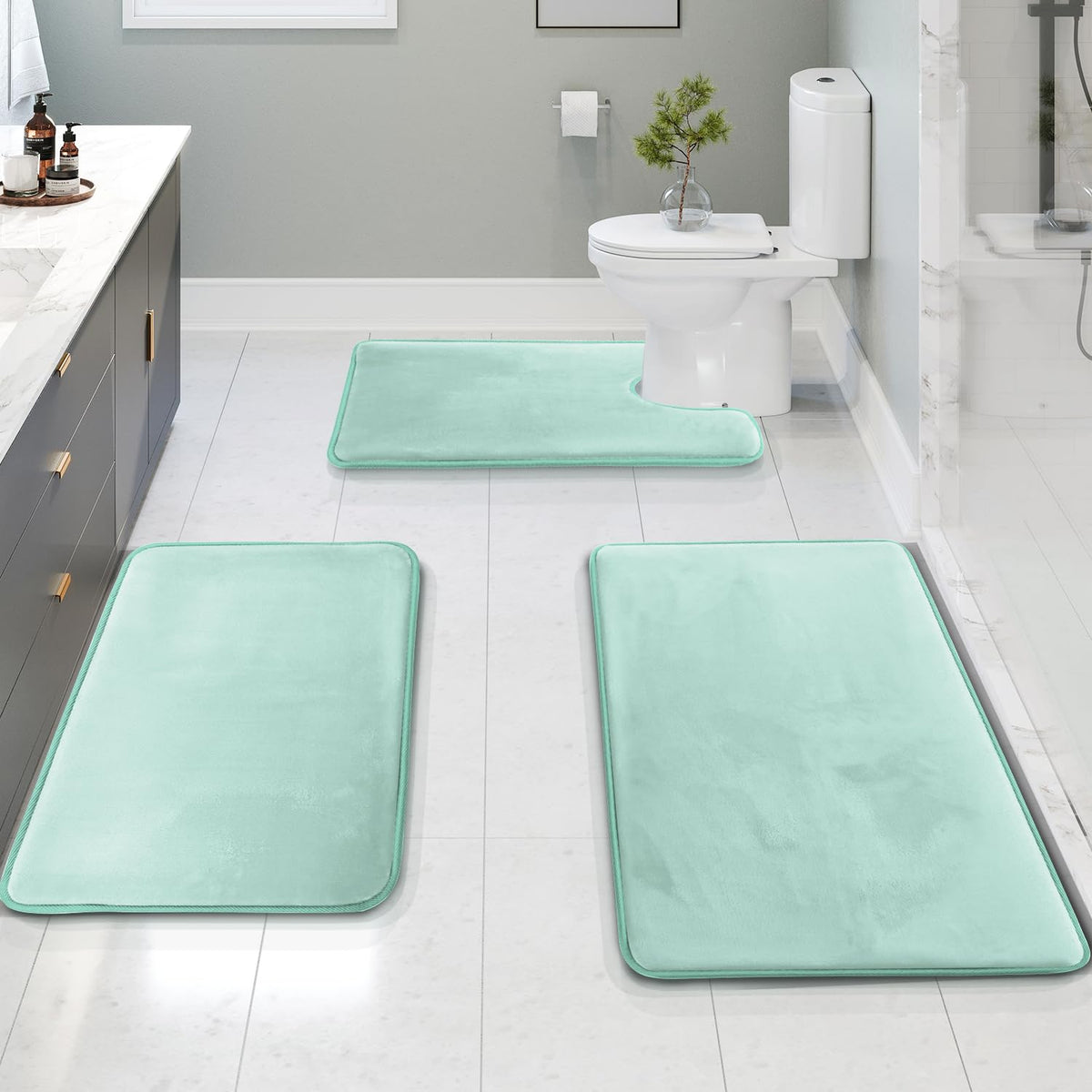 Clara Clark 3 Piece Bathroom Rugs Bath Mat Set, Velvet Memory Foam Bath Mats for Bathroom - Non-Slip, PVC Backing Bath Rugs, Washable - Dries Quickly, Grey
