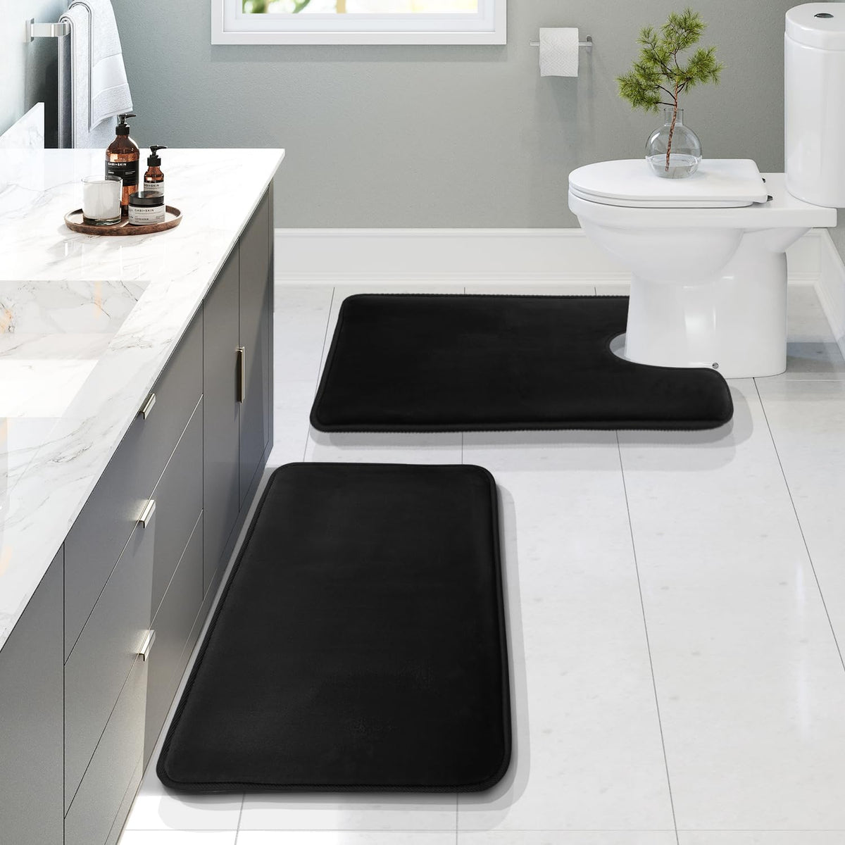 Clara Clark 3 Piece Bathroom Rugs Bath Mat Set, Velvet Memory Foam Bath Mats for Bathroom - Non-Slip, PVC Backing Bath Rugs, Washable - Dries Quickly, Grey
