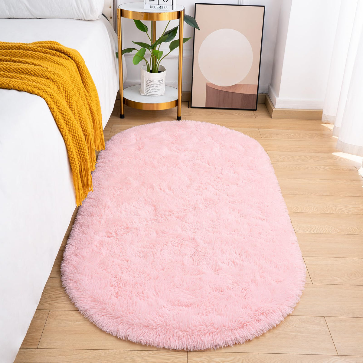 Goideal Fluffy Bedroom Rug, Small Oval Area Rugs, Cream Shag Bedside Carpet for Kids Room Nursery Dorm Cute Fuzzy Indoor Decor for Boy and Girl, 2.6 x 5.3 Feet