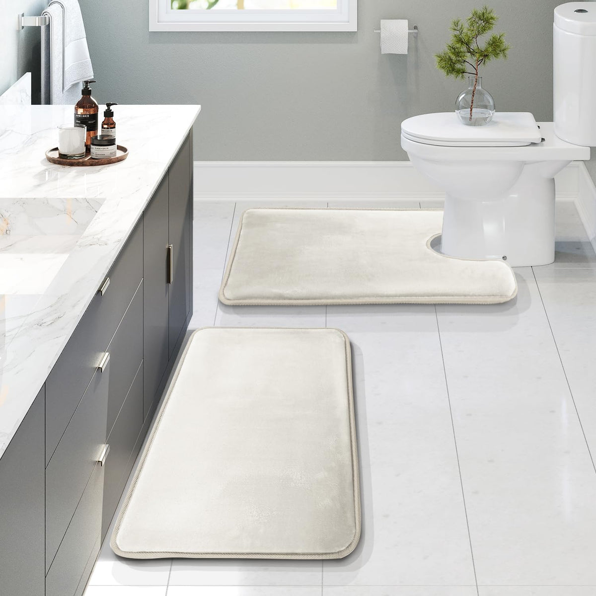 Clara Clark 3 Piece Bathroom Rugs Bath Mat Set, Velvet Memory Foam Bath Mats for Bathroom - Non-Slip, PVC Backing Bath Rugs, Washable - Dries Quickly, Grey