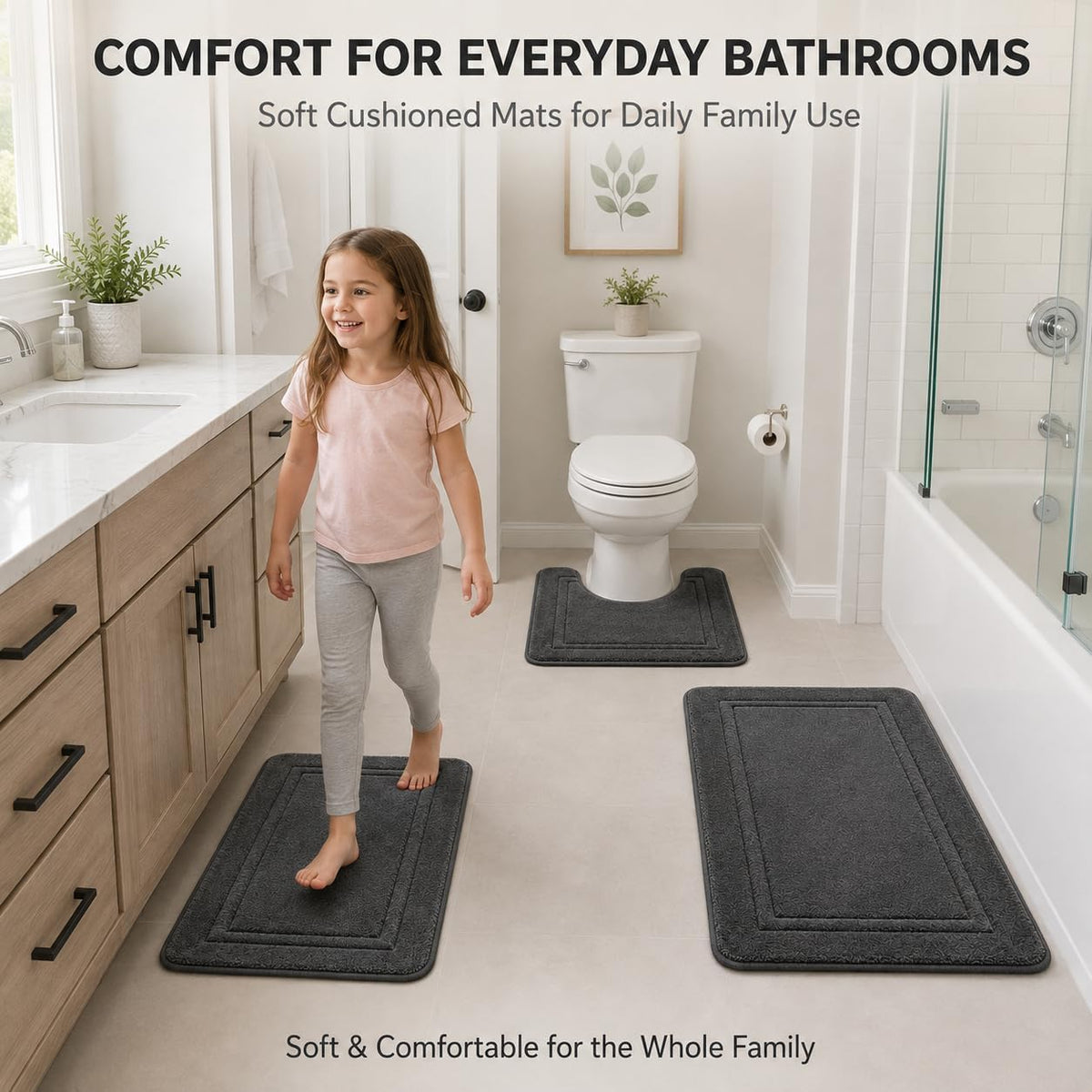 Bathroom Rugs Set 3 Piece, Bordered Memory Foam With Toilet Mats Dark Gray