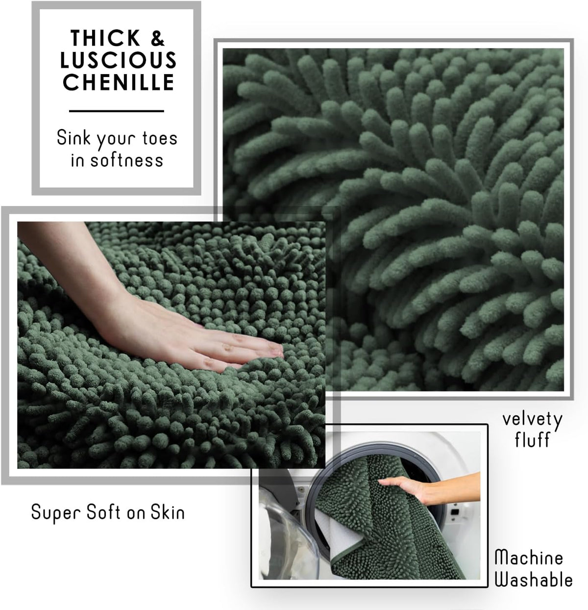 Hearth & Harbor Bathroom Rugs, Chenille Bath Mat - Machine Washable Bath Mats for Bathroom Non-Slip Backing Rubber, Quick Dry Bathroom Mat, 17 x 24 + 20 x 32 - Hunter Green