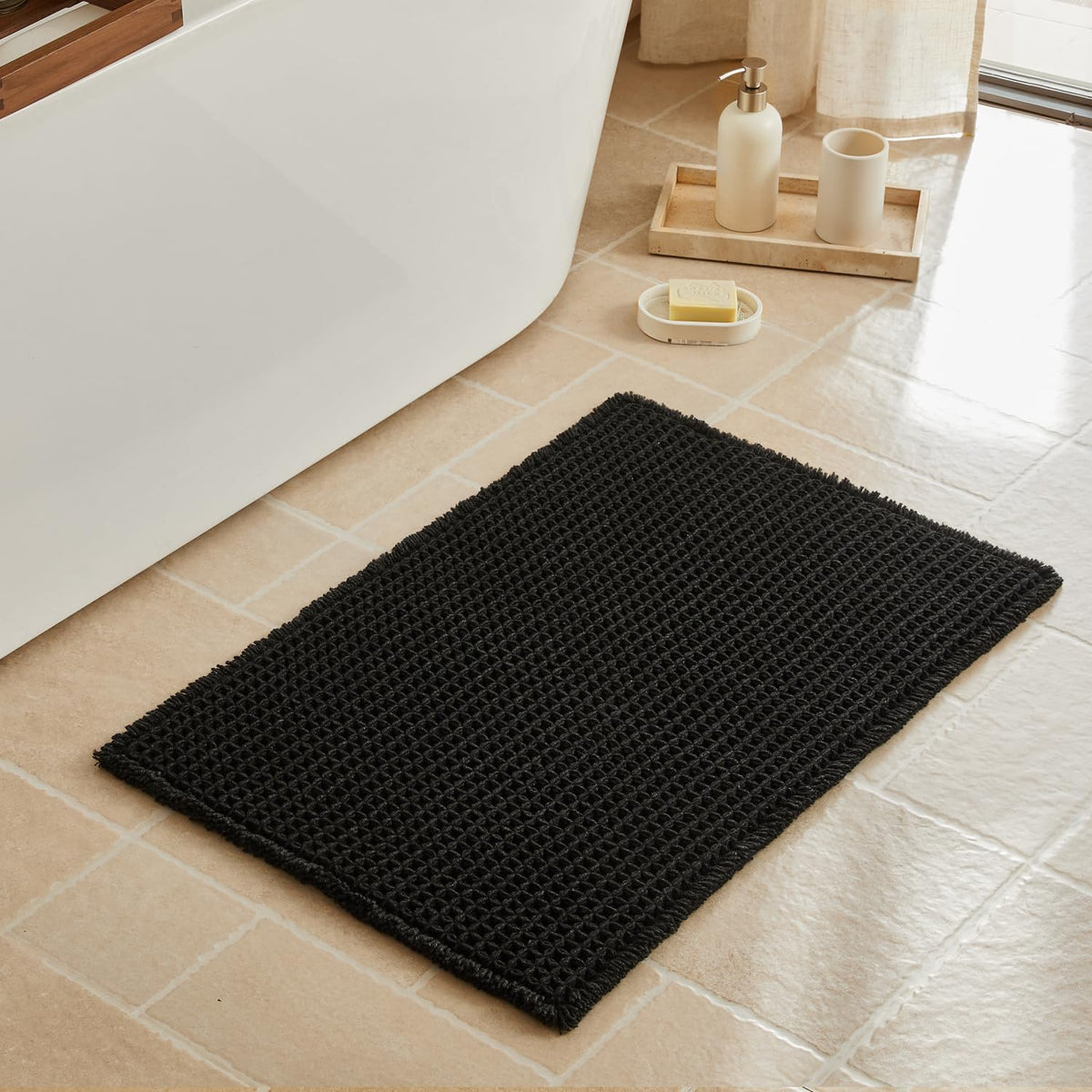 Triohero Waffle Bath Mat, Small Boho Bathroom Rugs Non Slip, 16x24 Khaki