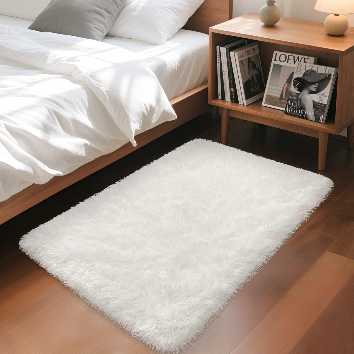 Soft Fluffy Beige Runner Rug for Bedroom, Bedside Long Rug Runner