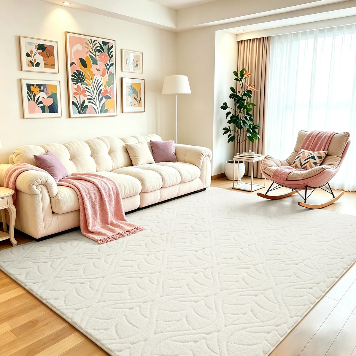 Grey Fluffy Area Rug for Bedroom, 3x5 Geometric Shag Rugs