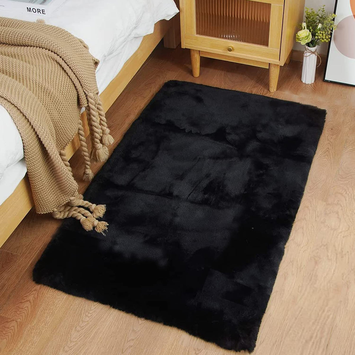 Ghouse Soft Faux Sheepskin Fur Rug 2x4 Black Fluffy Bedside Rugs Plush Rug Shag Nursery Carpet Area Rugs for Living Room Bedroom Playing Room Decor