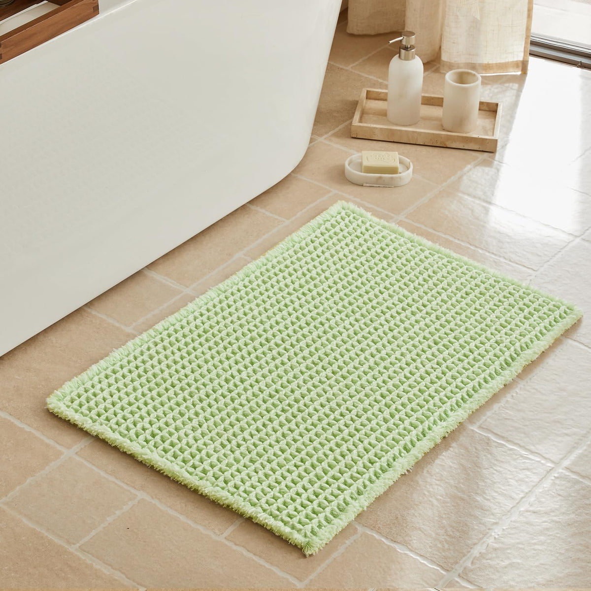 Triohero Waffle Bath Mat, Small Boho Bathroom Rugs Non Slip, 16x24 Khaki