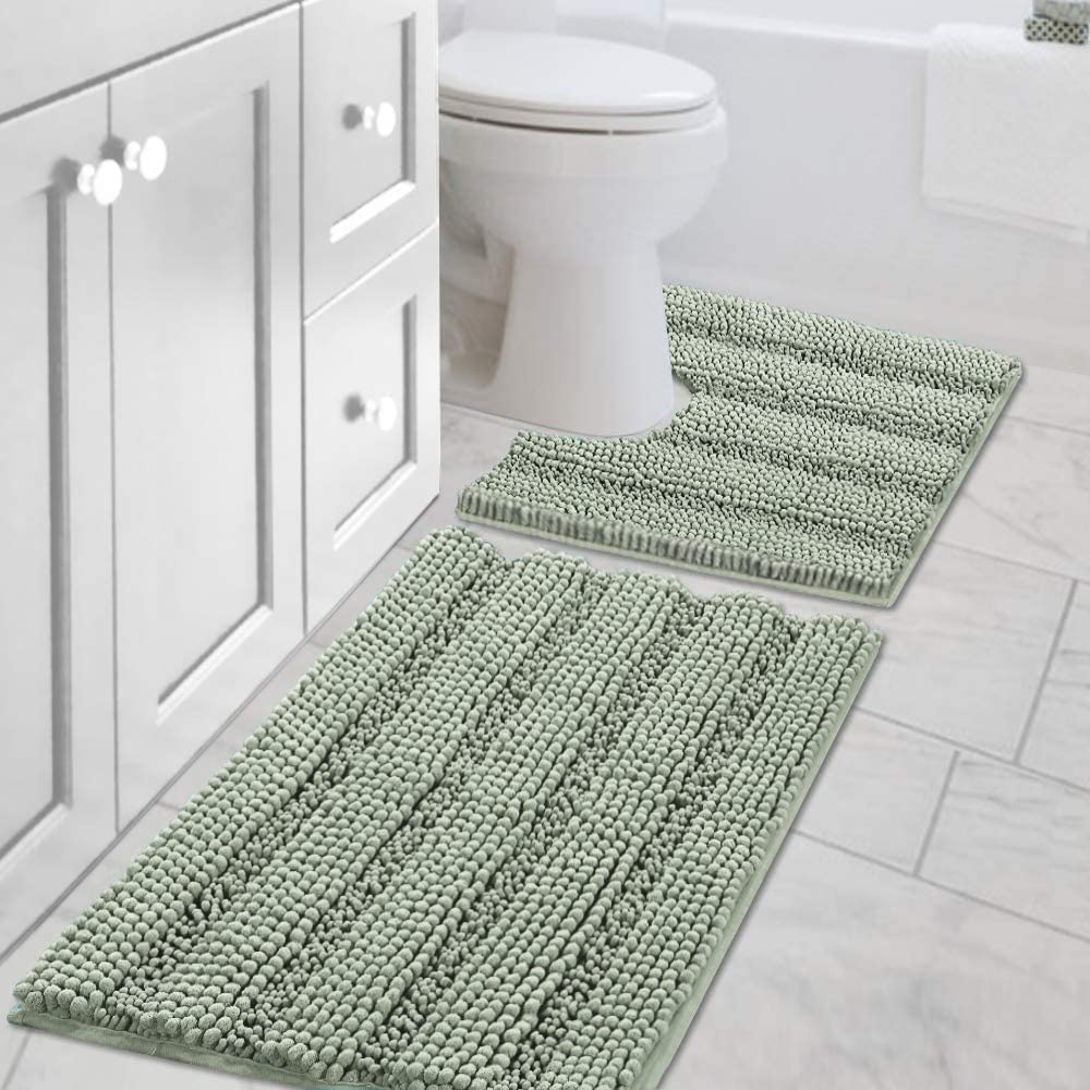 H.VERSAILTEX Bathroom Rugs Bath Rug Set 2 Piece Bathroom Contour Rug Toilet Mat Sets Non Slip Contour Bath Rug Ultra Thick Water Absorbent Striped Bath Mats Washable(47" x 17" Plus 20" x 20" U, Cream)