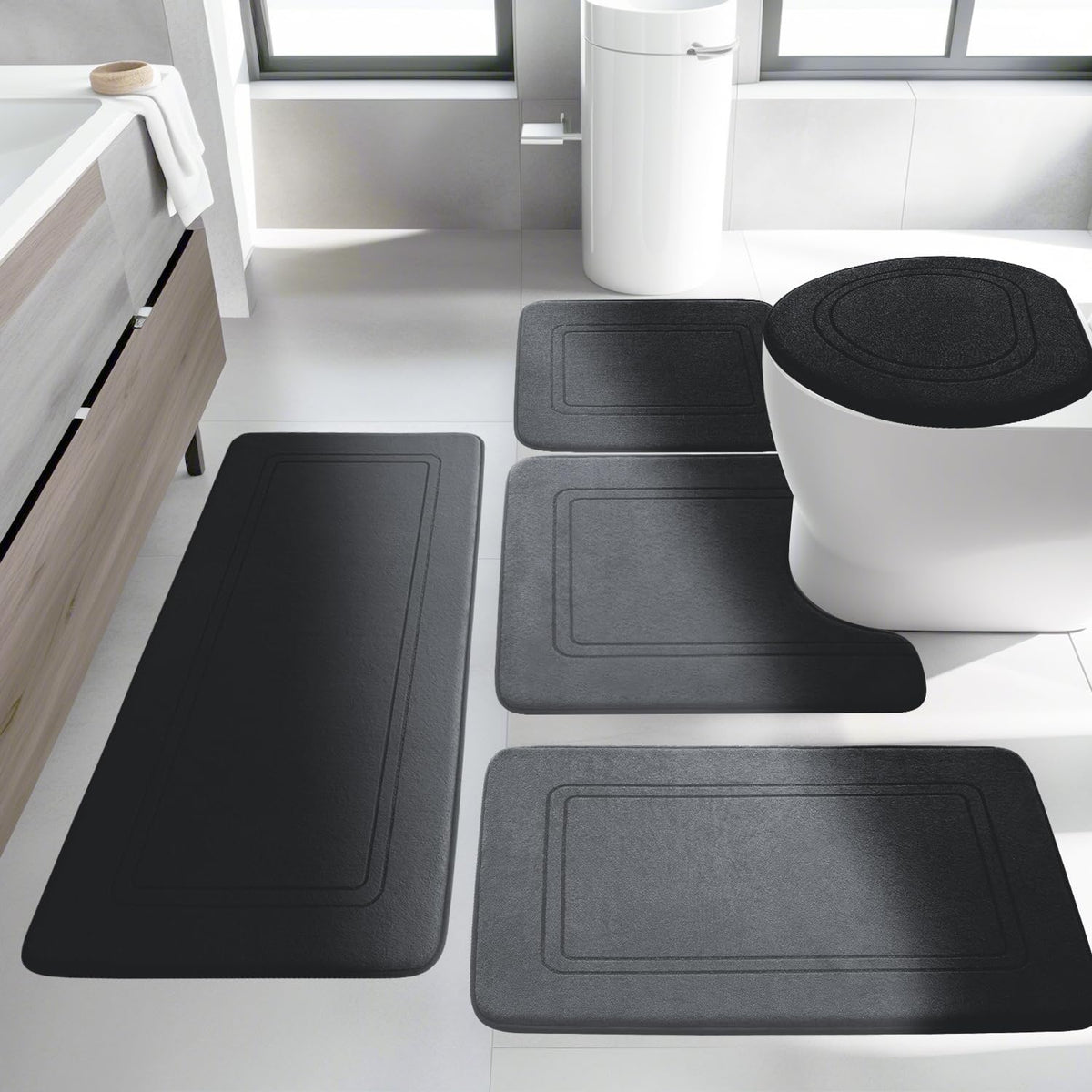 YIHOUSE Memory Foam Bath Mat Set, Non Slip Bath Mats, Super Soft and Water Absorbent, Machine Washable U Shape Toilet Mats, Dark Blue