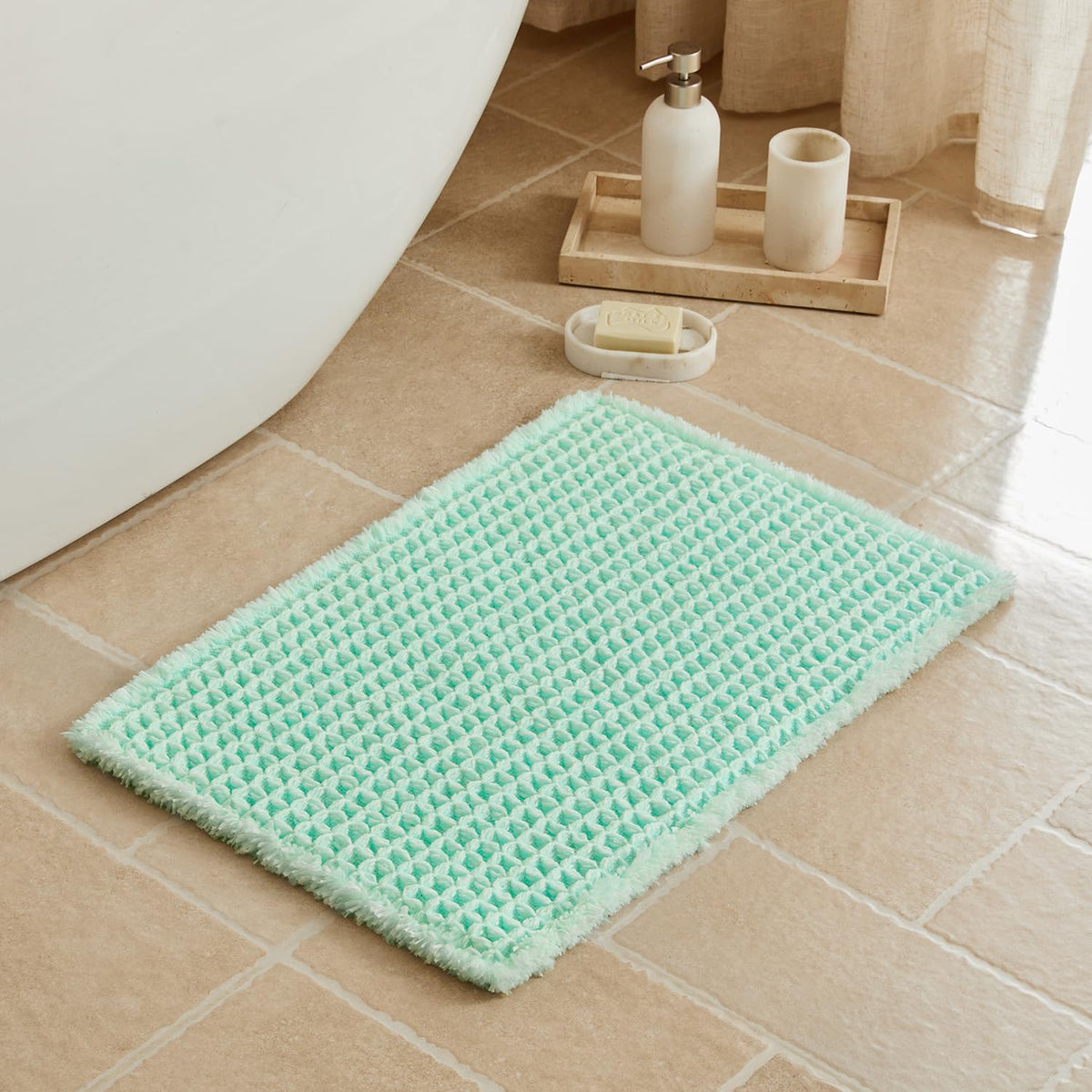 Triohero Waffle Bath Mat, Small Boho Bathroom Rugs Non Slip, 16x24 Khaki